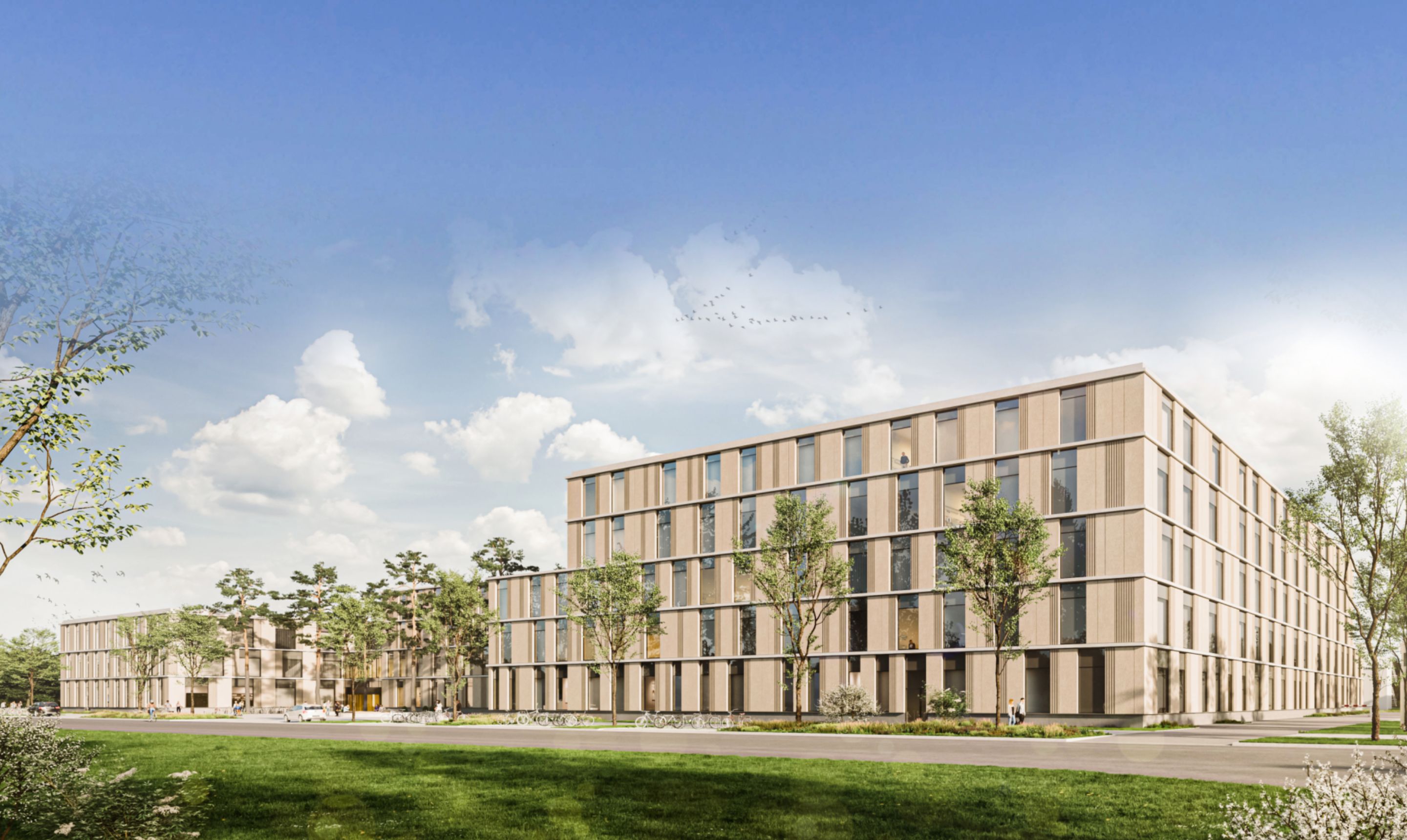 Architekturzeichnung des geplanten Herzzentrums: Langgestrecktes Gebäude mit bis zu vier Stockwerken, in rotem Strichstil. Beim Scrollen wandelt sich das Bild in eine farbige 3D-Visualisierung mit schrägem Blickwinkel.
