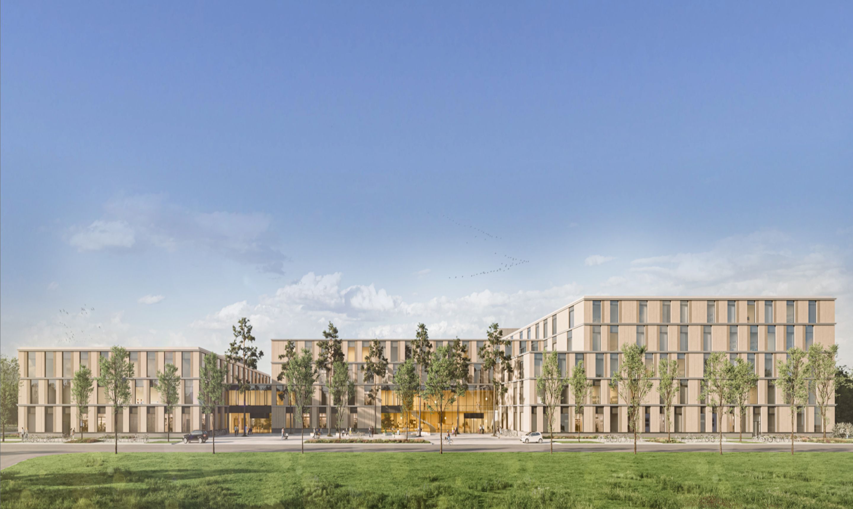 Architekturzeichnung des Herzzentrums mit geradem Blick auf ein langgestrecktes, vierstöckiges Gebäude. Die rot angelegte Skizze verwandelt sich beim Scrollen in eine farbige Architektenansicht.