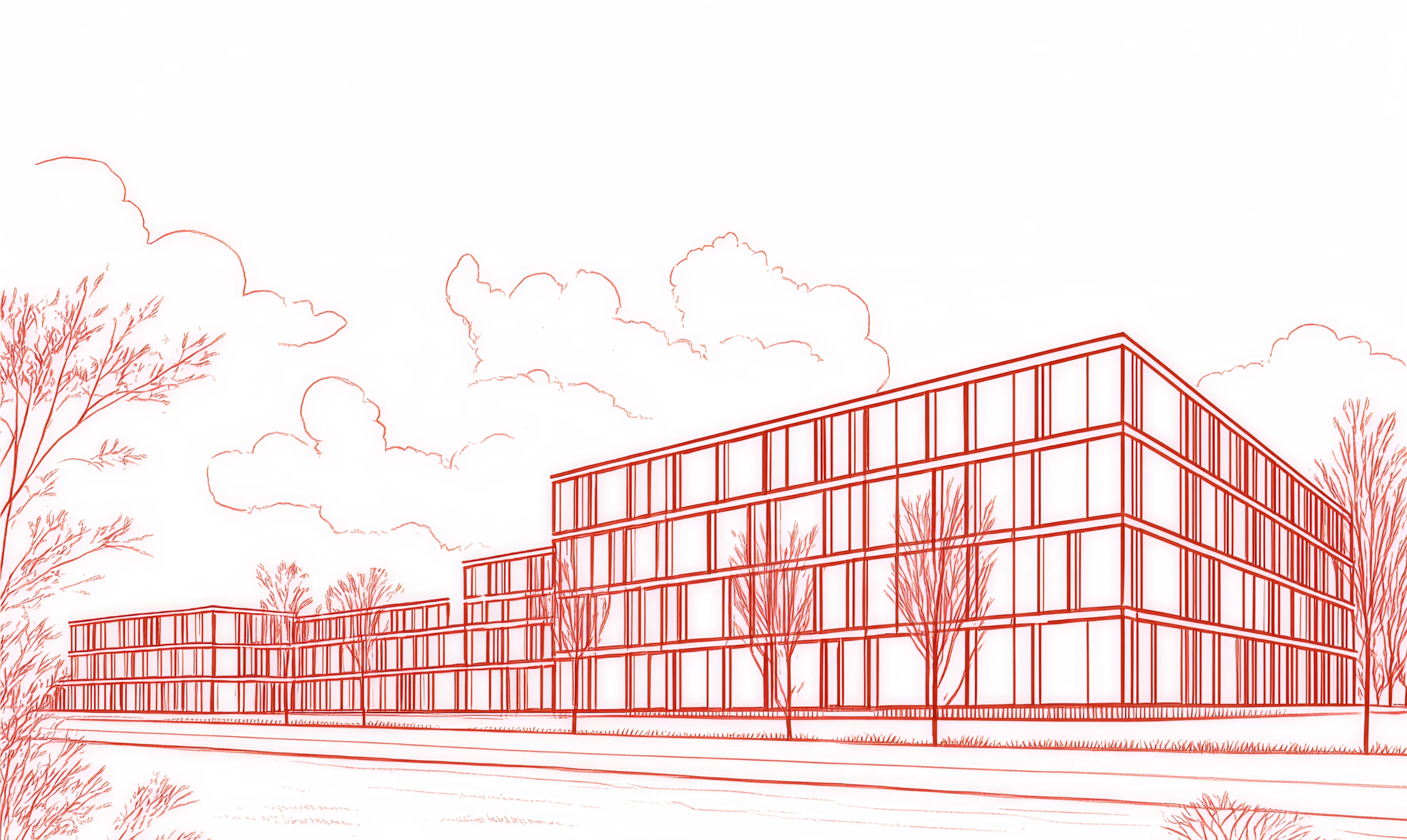 Architekturzeichnung des geplanten Herzzentrums: Langgestrecktes Gebäude mit bis zu vier Stockwerken, in rotem Strichstil. Beim Scrollen wandelt sich das Bild in eine farbige 3D-Visualisierung mit schrägem Blickwinkel.