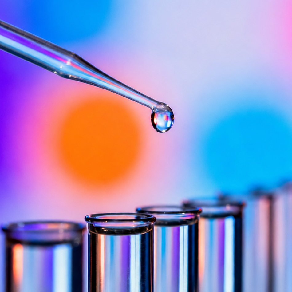 Eine Pipette mit einem Tropfen &uuml;ber mehreren Laborr&ouml;hrchen vor blau-orangefarbenem Hintergrund.